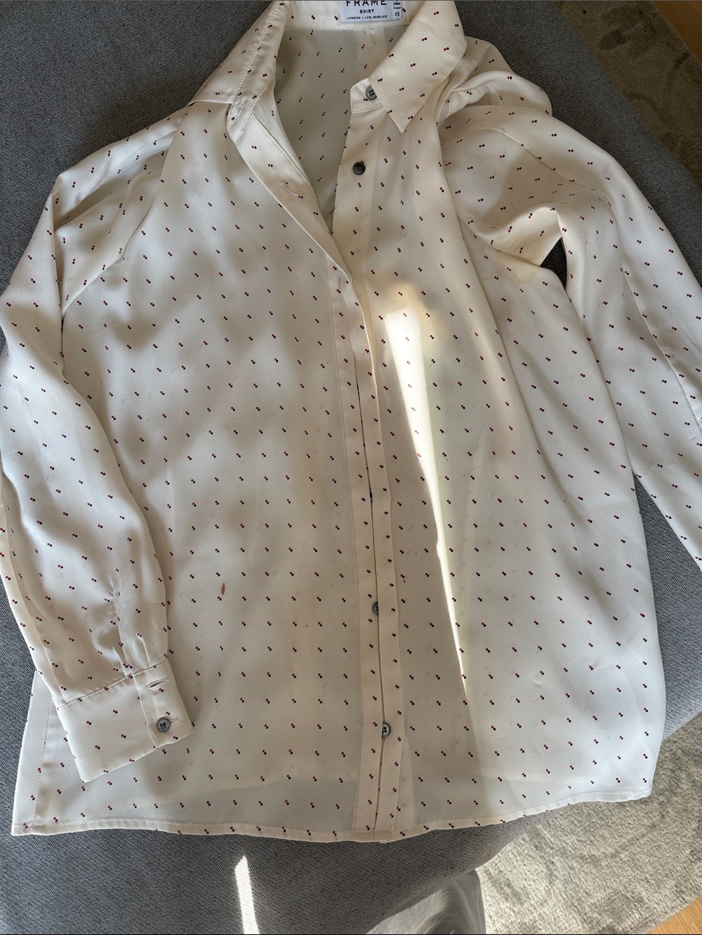 Frame Denim Cream Button-Up Shirt with Tiny Red Dot Pattern